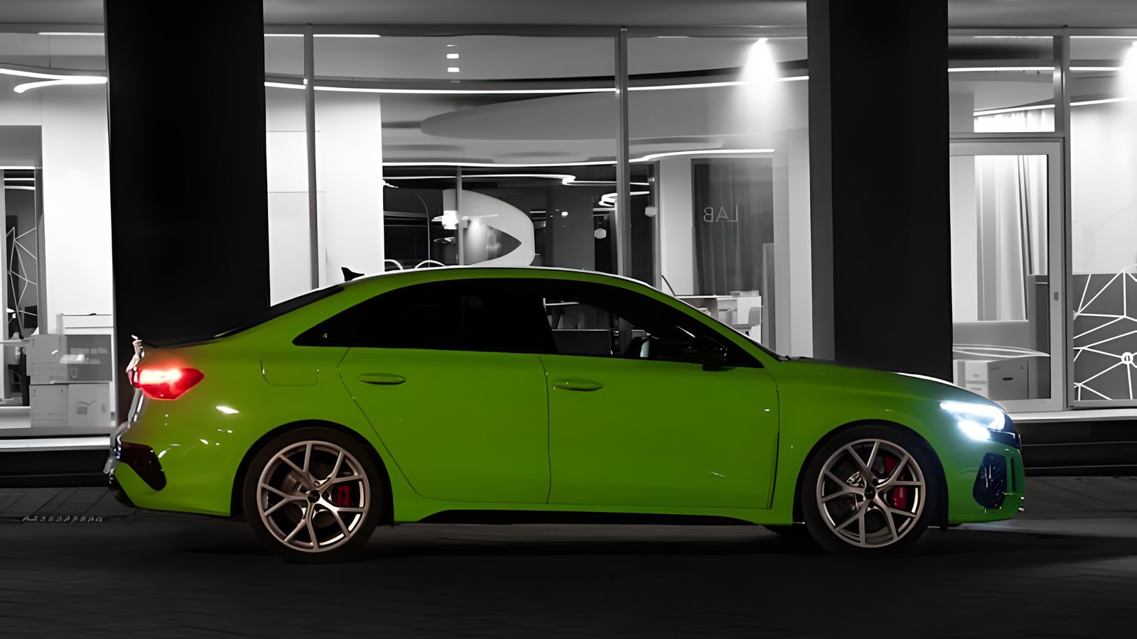 Audi RS3 Limousine in Kyalami-Grün, Seitenansicht bei Nacht