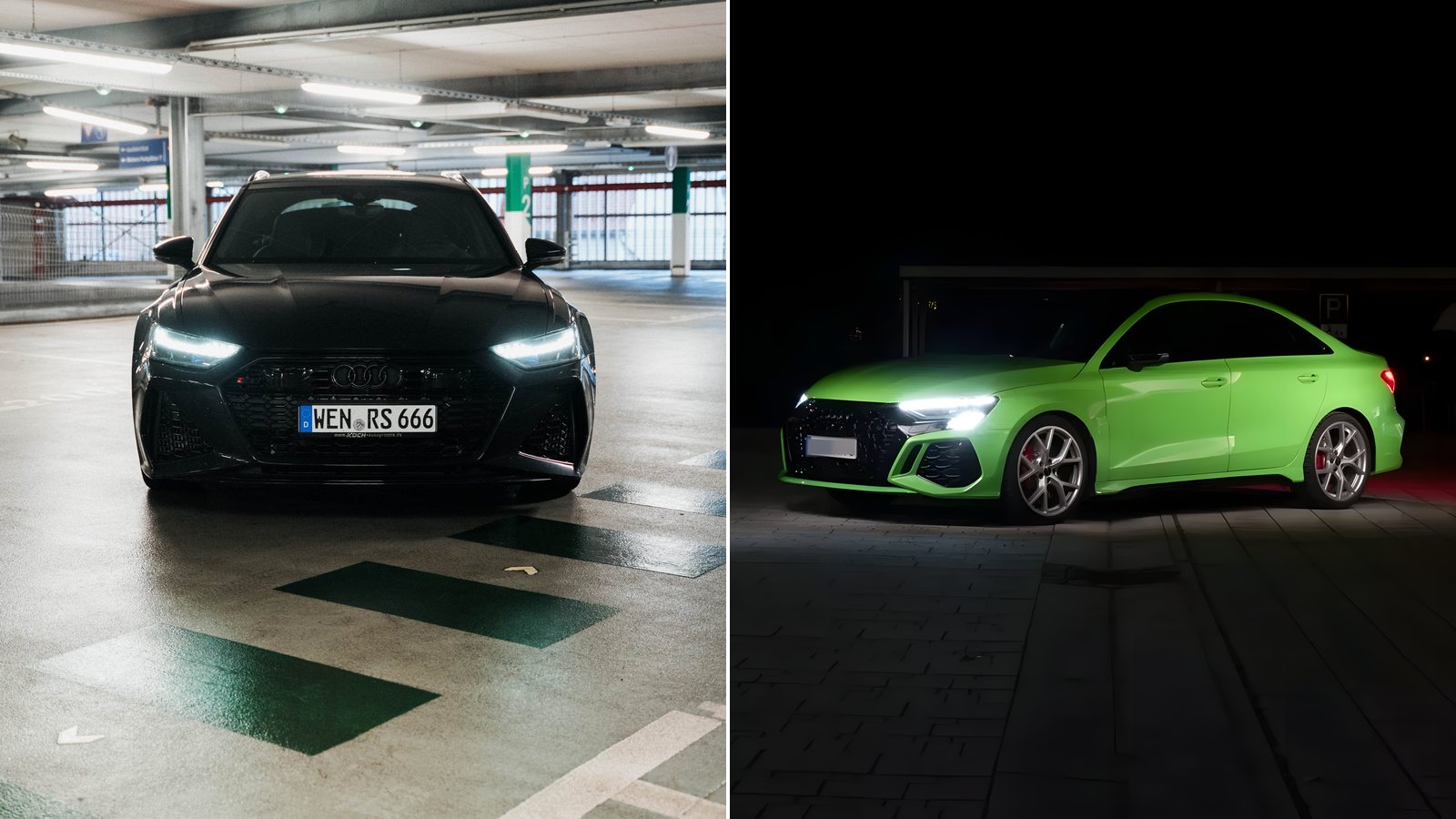 Audi RS6 Avant in Schwarz und Audi RS3 Limousine in Kyalami-Grün nebeneinander auf einem Platz bei Weiden